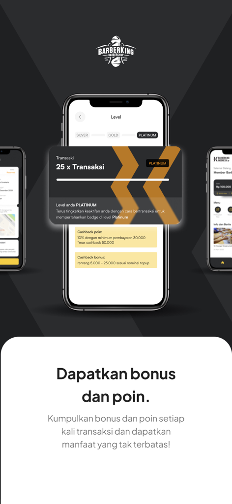 Barberking - Barberking app interface displaying the platinum membership level and loyalty points system on a smartphone screen.