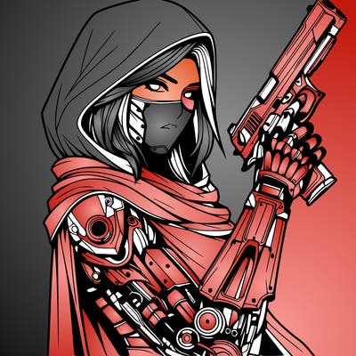 realistic female assassin with metal arm with a cape holding a gun