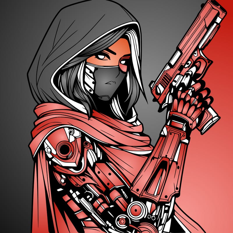 realistic female assassin with metal arm with a cape holding a gun
