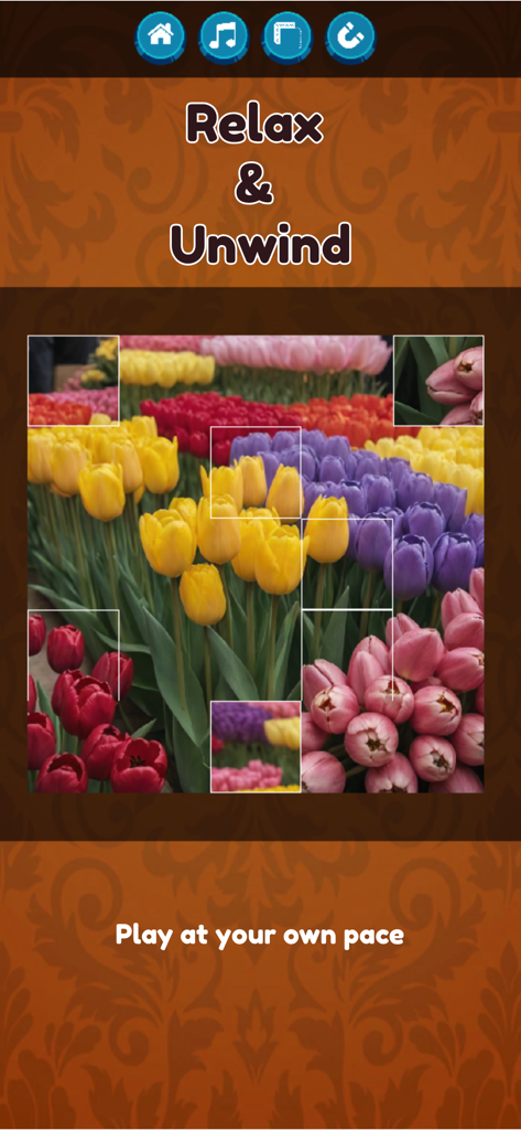 Jigsaw Puzzle & Brain Games - A jigsaw puzzle of colorful tulips with the text Relax and Unwind and Play at your own pace
