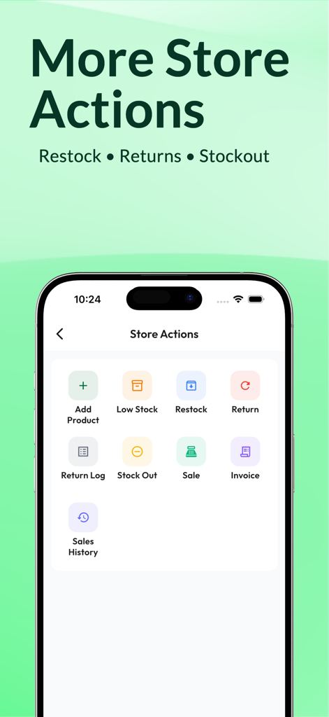 Zuru-Inventory & Sales Manager - Zuru app interface showing store actions for inventory tracking, sales, and restocking.