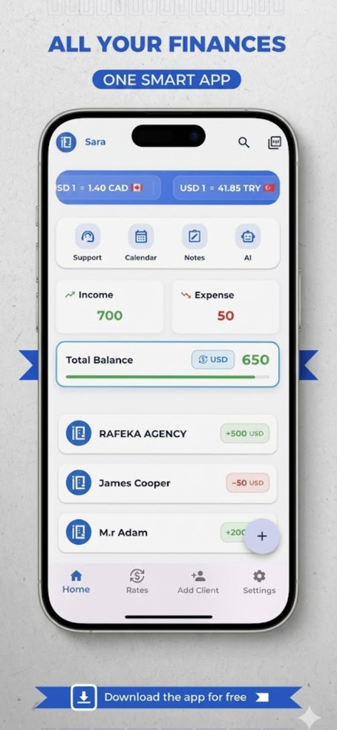 CountiQ Finance - Tableau de bord de l'application CountiQ Finance affichant les soldes multidevises et le suivi des revenus et dépenses sur un iPhone.