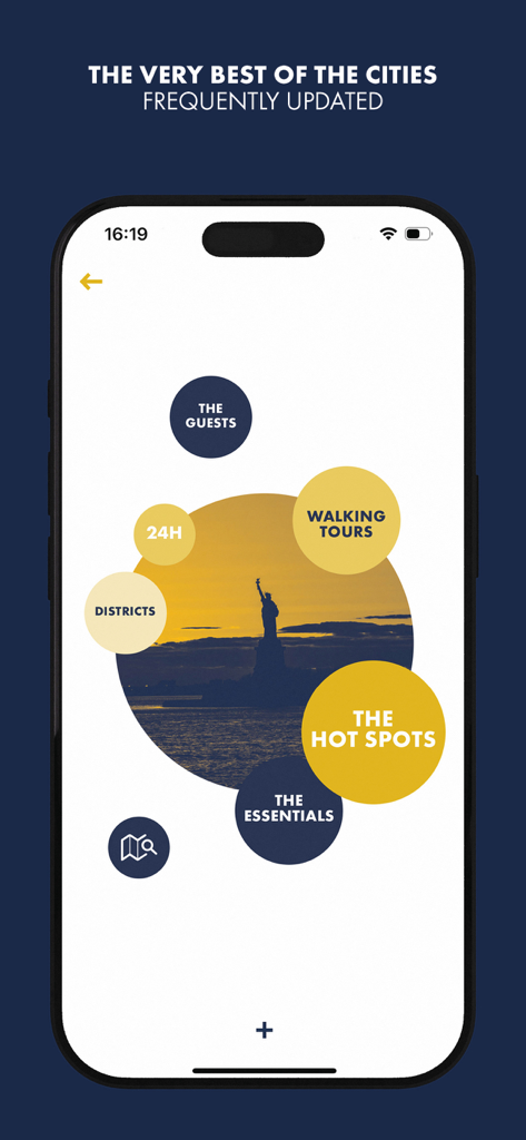 LOUIS VUITTON CITY GUIDE - 자유의 여신상 배경과 함께 핫스팟, 도보 여행 등 엄선된 여행 카테고리를 보여주는 루이 비통 시티 가이드 앱 화면