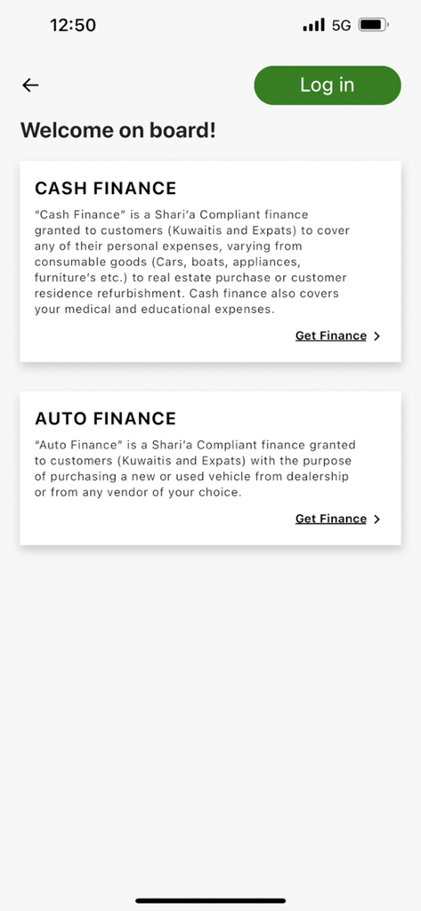 Individuals افـــــــــــراد - Interface of the Individuals app displaying Sharia compliant Cash Finance and Auto Finance services
