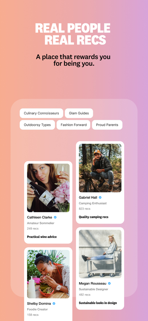Benable app screenshot showcasing real people and their curated recommendation lists