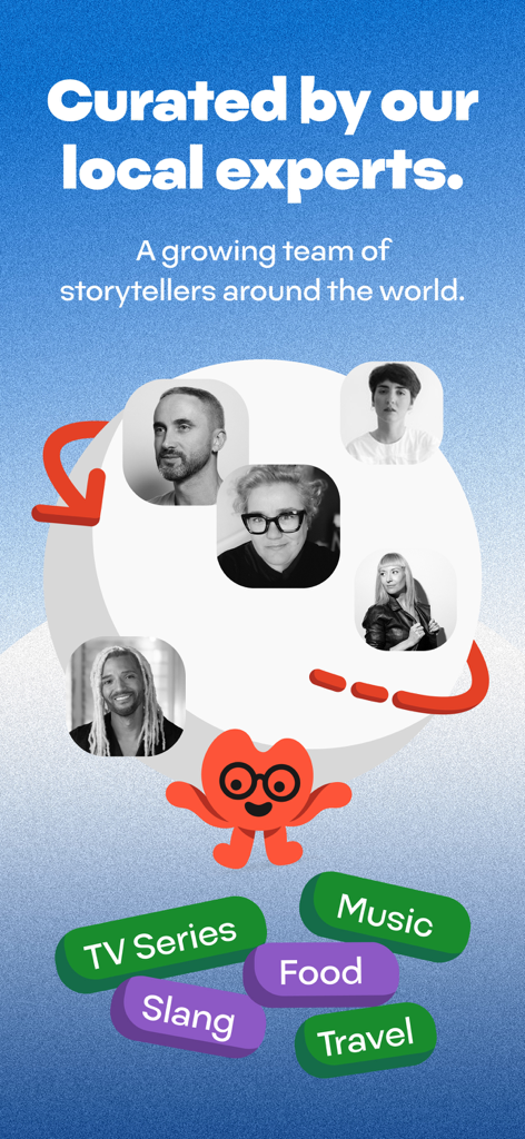 Unedo: Spanish Games + Stories - A group of diverse local Spanish experts and storytellers above cultural category tags like music, slang, and food.