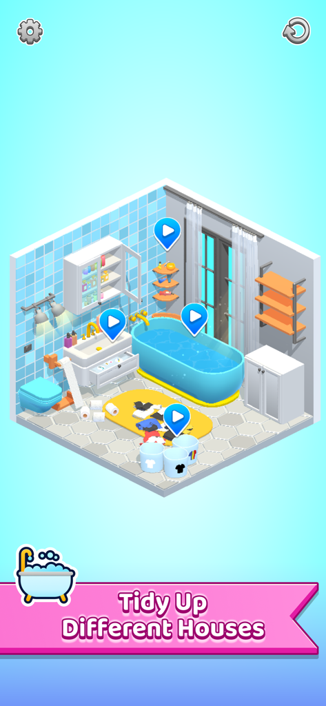 Um banheiro azul bagunçado no jogo My Tidy Life mostrando lavanderia e itens para organizar