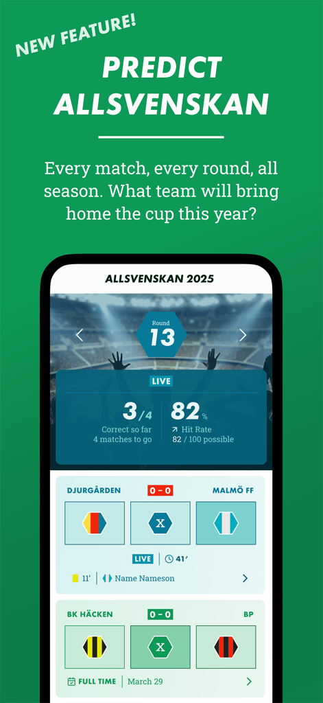 Copabet - Copabet app interface showing live predictions and statistics for the Allsvenskan football league