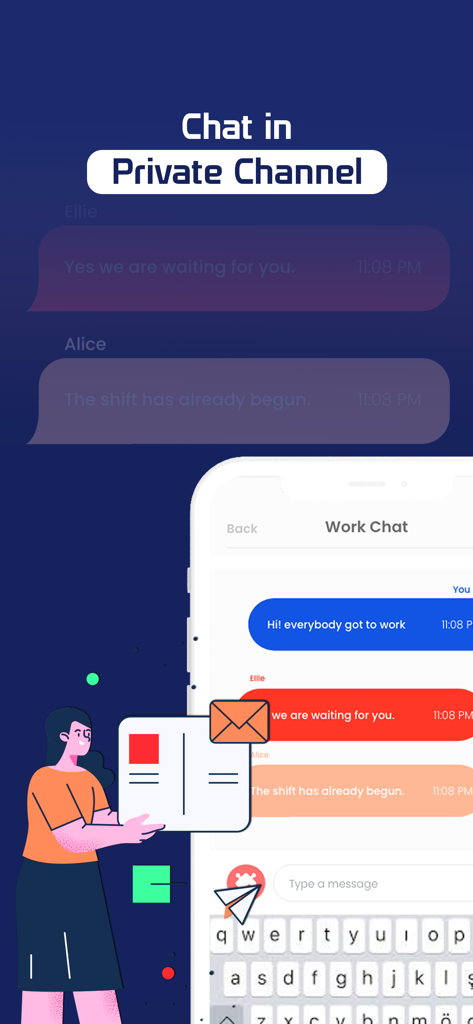 Findup: Phone Location Tracker - Interfaz de la aplicación rastreadora de teléfonos Findup que muestra un canal de chat privado para comunicación segura con familiares y amigos