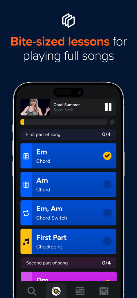 Mobile app interface showing bite-sized guitar lessons and chord practice for a popular song.