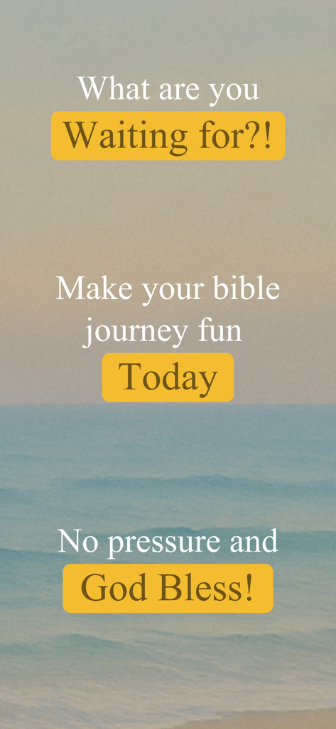 Bible Bff-Modern Bible Stories - Promotional screen for the Bible BFF app with a peaceful ocean background and encouraging text about making the Bible journey fun.
