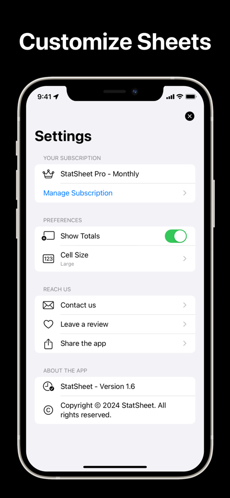 Settings screen of the StatSheet app showing options to customize sheets and manage the pro subscription.