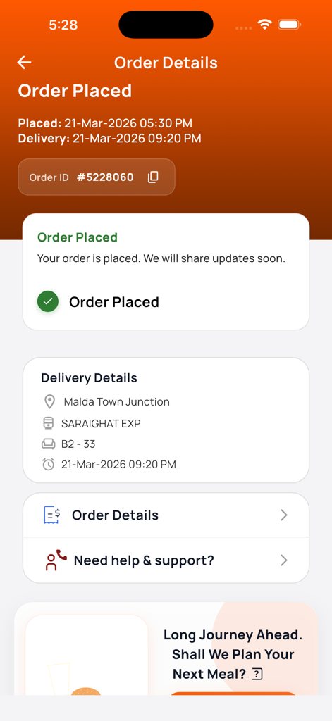 RailRestro - Food in Train - RailRestro App-Bildschirm zeigt die erfolgreiche Essensbestellung mit Liefer- und Zugdetails.