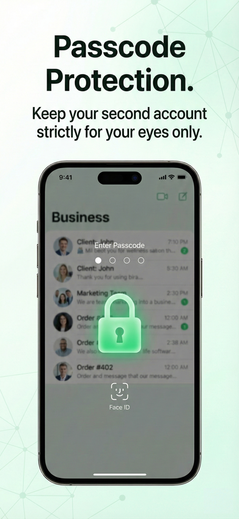 Ein Smartphone-Bildschirm, der die Passcode-Sperre und die Face ID-Sperre zur Sicherung eines zweiten Messaging-Kontos zeigt.