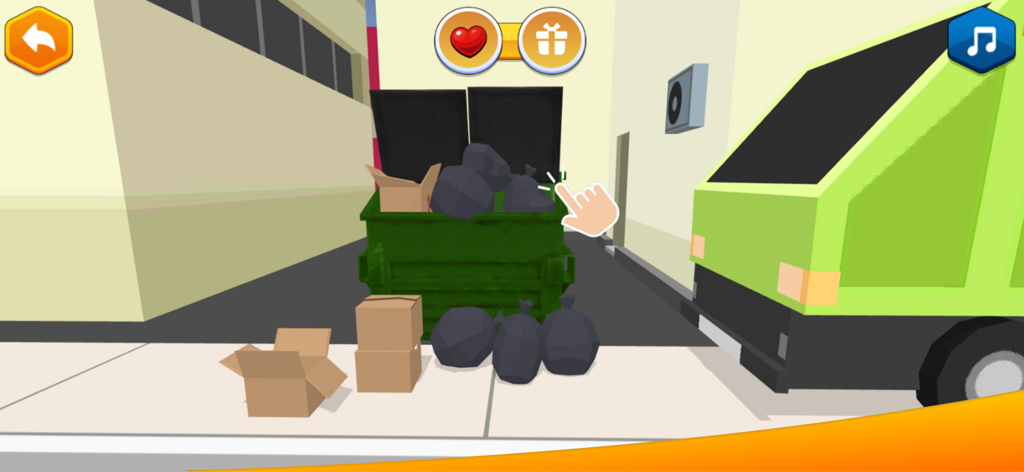 City Patrol: Rescue Vehicles - Educational mini-game screen showing garbage collection with a green truck and dumpster