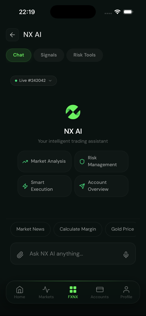FXNX - FXNX app screen showing the NX AI intelligent trading assistant interface with options for market analysis and risk management.