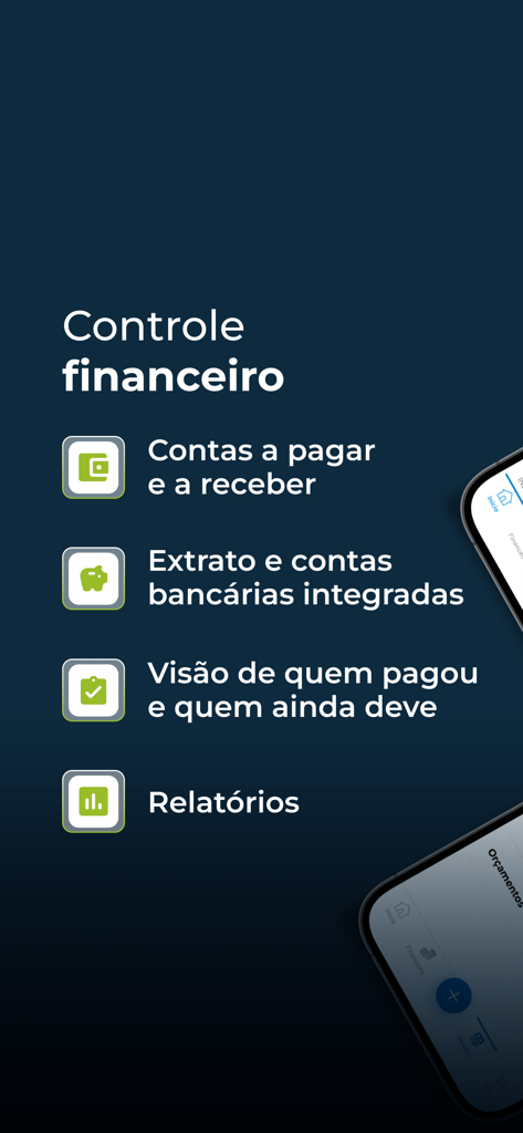 Mobile screen of VHSYS app highlighting financial management features like accounts payable and reports