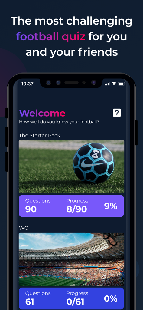 Football Quiz - Who Am I? - Home screen of the Football Quiz app showing different trivia categories and progress trackers
