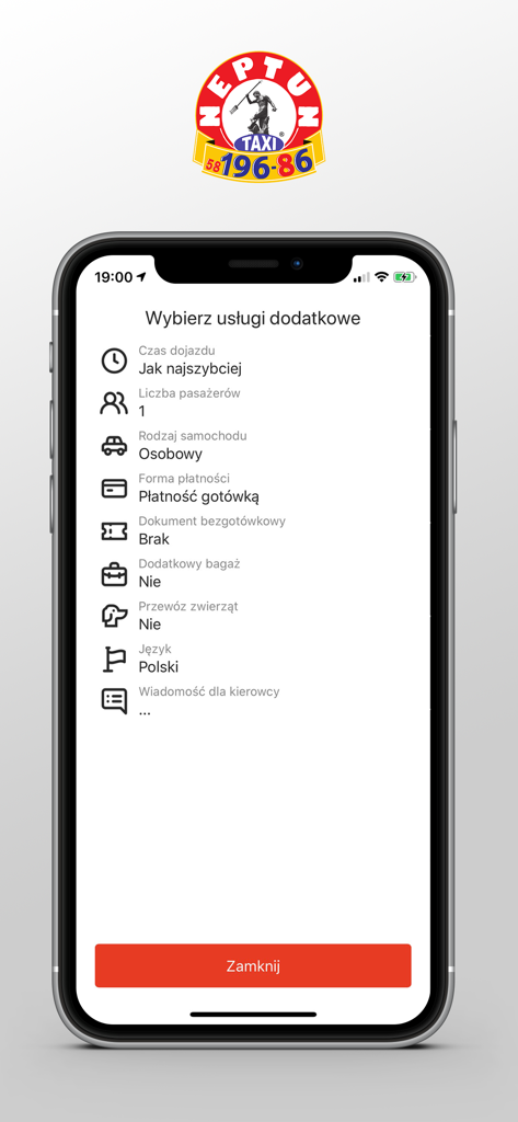 Neptun Taxi Gdańsk 19686 - Ecrã da aplicação Neptun Taxi Gdansk mostrando opções de personalização de viagem, como contagem de passageiros e tipo de veículo