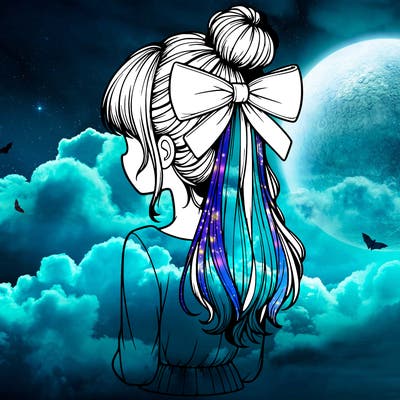 realistic girl  with hip length hair a bun and a big bow on the back of head