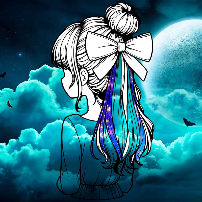 realistic girl  with hip length hair a bun and a big bow on the back of head