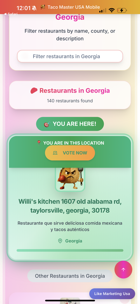 Taco Master USA - ジョージア州のレストランリストと特定のタケリアの投票ボタンが表示されているTaco Master USAアプリのインターフェース