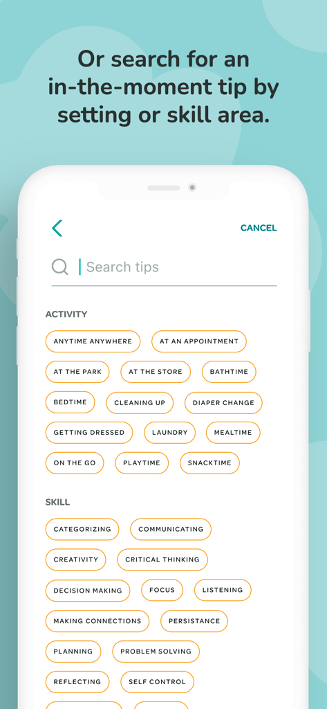 Vroom: Early Learning - Search screen of the Vroom app showing parenting tips categorized by daily activity settings and developmental skills