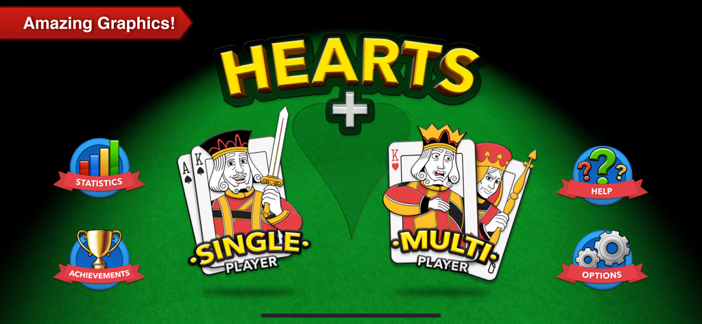 Hearts+ - Hearts plus card game main menu screen with single player and multi player modes