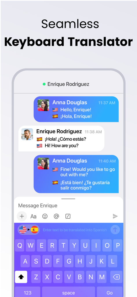 Interface showing the seamless keyboard translator feature for real-time messaging in different languages
