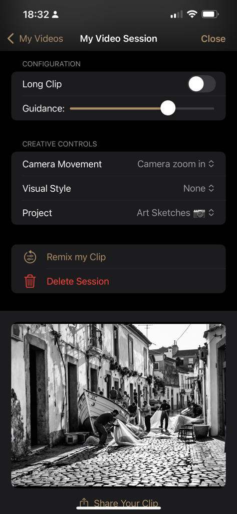 Gizmo by Bluewaves - Interfaz de la aplicación Gizmo Evo que muestra controles creativos y configuraciones para la generación de videos de IA