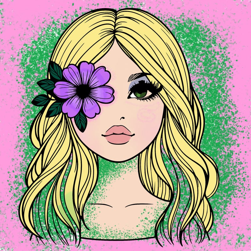 realistic girl with flower over one eye