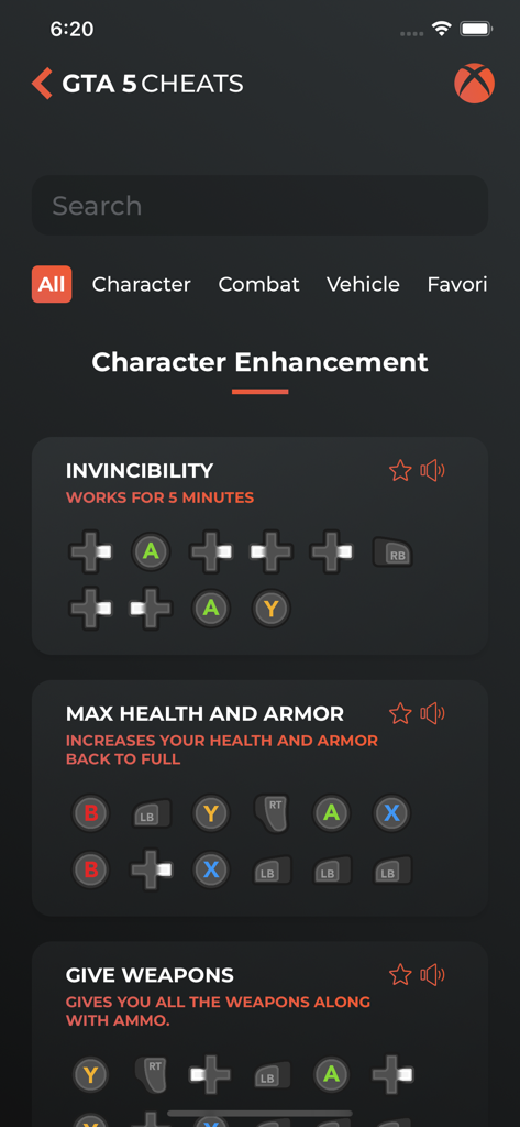 List of GTA 5 character enhancement cheats for Xbox with visual button icons.