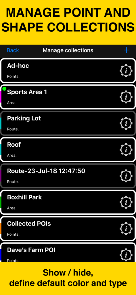 Planimeter 55 mobile app screen showing the management of point and shape collections for mapping projects