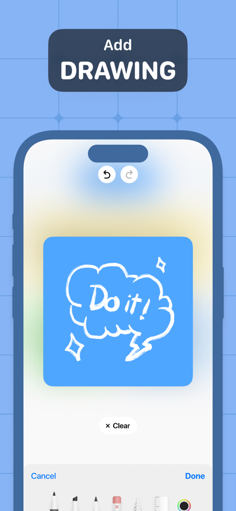 A blue digital sticky note with a hand-drawn cloud and text saying Do it! on a smartphone screen showing drawing tools.