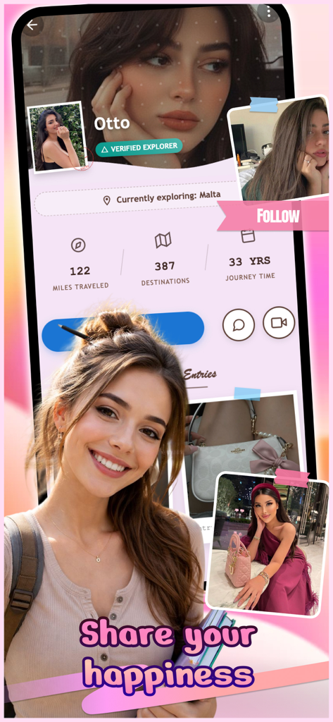 Amity - Chat - A user profile in the Amity app showing travel stats and a collection of luxury handbags with the text Share your happiness