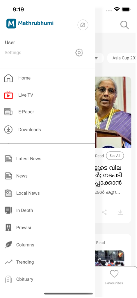 Mathrubhumi - Menú de navegación lateral de la aplicación Mathrubhumi que muestra categorías como TV en vivo, Periódico electrónico y Noticias locales
