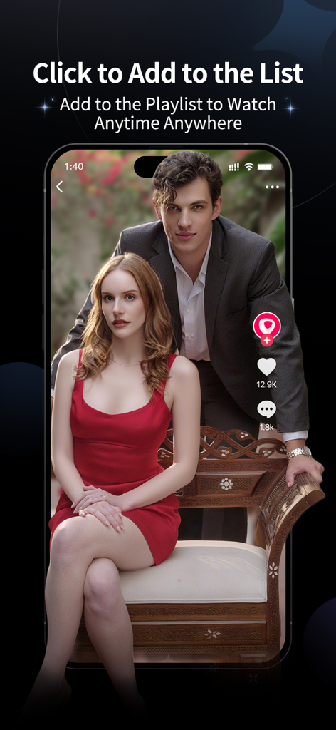 Uno screenshot dell'app MoboShort che mostra una scena di un dramma romantico con una donna in un vestito rosso e l'opzione per aggiungere alla playlist.