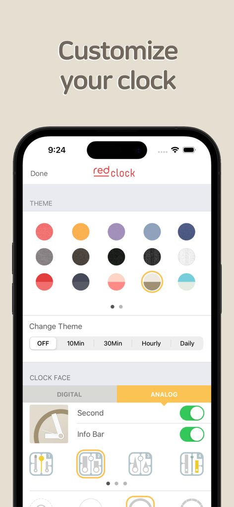 Red Clock - Weather & Alarm - Red Clock app interface for choosing themes and clock face styles