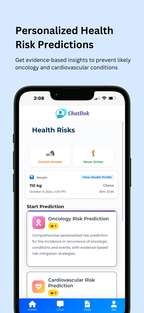 Chatdok - ChatDok mobile app screen showing personalized oncology and cardiovascular health risk predictions