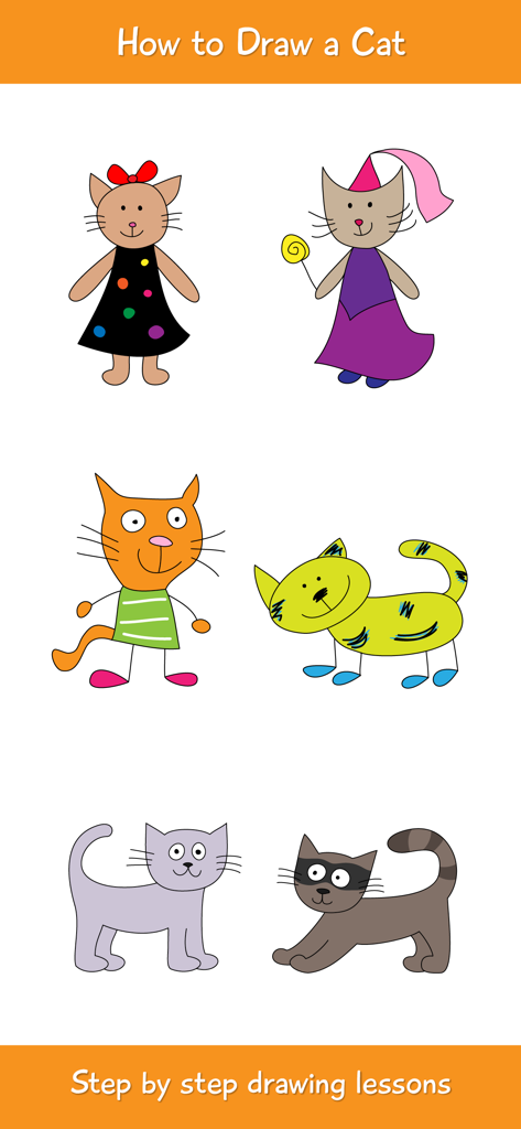 How to Draw a Cat Step by Step - Una colección de diversos personajes de gatos de dibujos animados que incluyen un gato princesa y un gato con vestido para lecciones de dibujo