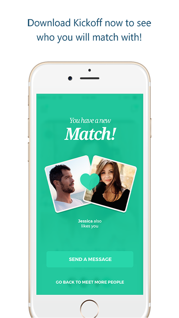 두 개의 사용자 프로필 사진과 하트 아이콘이 있는 새로운 매칭 알림을 보여주는 킥오프 데이팅 앱 인터페이스