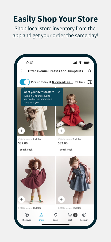 Carter's - 幼児服の同日ピックアップのための地域の店舗在庫のショッピング方法を示すカーターズアプリ画面