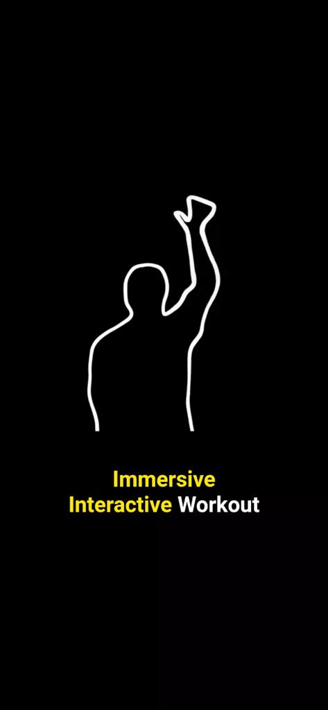 Interactive Immersive WarmUp - 黒い背景に「Immersive Interactive Workout」というテキストの上に腕を上げた人の白いアウトライン。