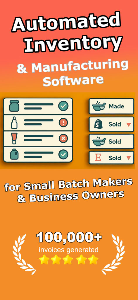 Craft Price Calculator - Pantalla gráfica que muestra funciones automatizadas de inventario y fabricación para pequeños productores por lotes y propietarios de negocios con una calificación de cinco estrellas y más de 100.000 facturas generadas