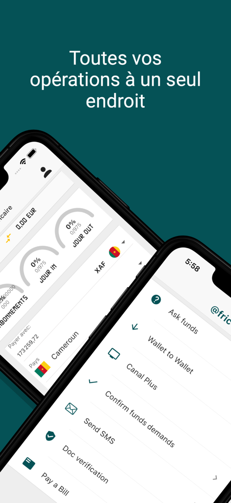 @fric Remit (ex BJFT Wallet) - Dashboard of the @fric Remit mobile app showing various financial transfer and payment options on two iPhones