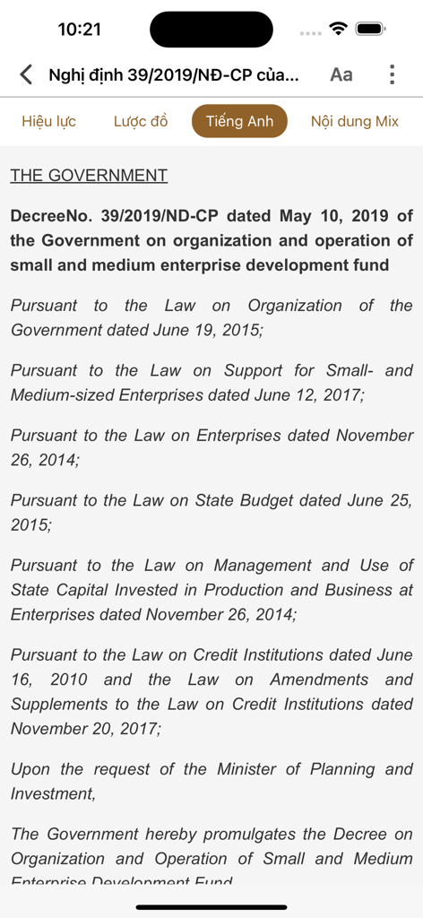 Traducción al inglés de un decreto gubernamental vietnamita en la aplicación Luat Viet Nam