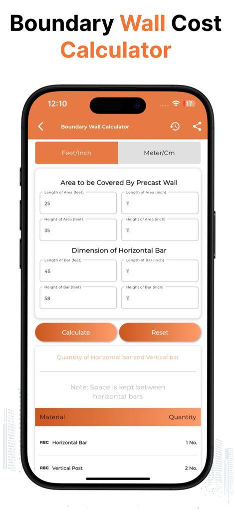 Construction Calc - Civil Calc - Oberfläche des Grenzmauer-Kostenrechners mit Eingaben für Betonwandflächen und Materialmengen für vertikale und horizontale Bewehrungsstäbe.