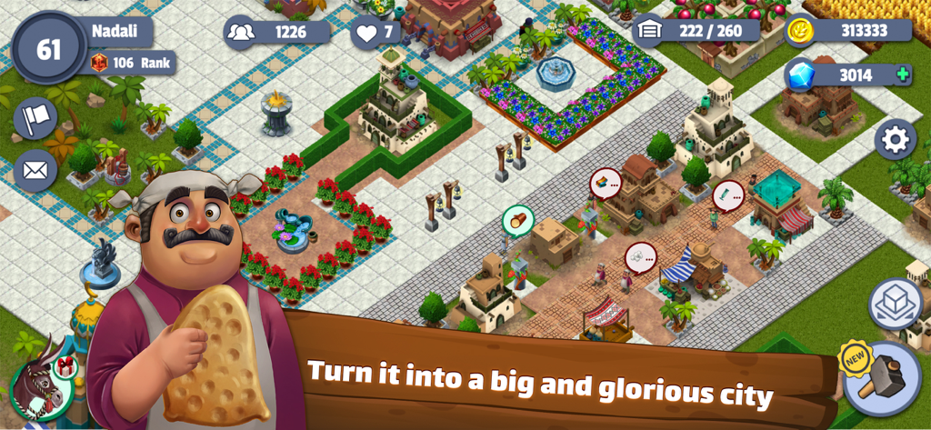 Gameplay screenshot of Sun City Builder showing a Persian-style city with gardens and a baker character holding bread.