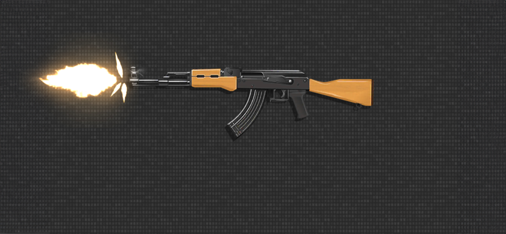 AK-47 rifle firing with a muzzle flash animation in a gun sounds simulator app