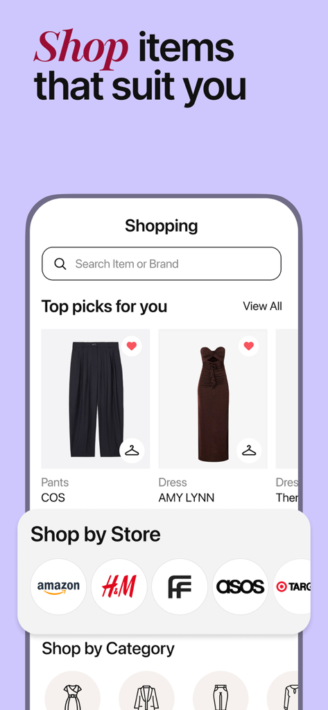 Interfaccia dell'app Style DNA che mostra raccomandazioni di abbigliamento personalizzate e loghi di negozi popolari.